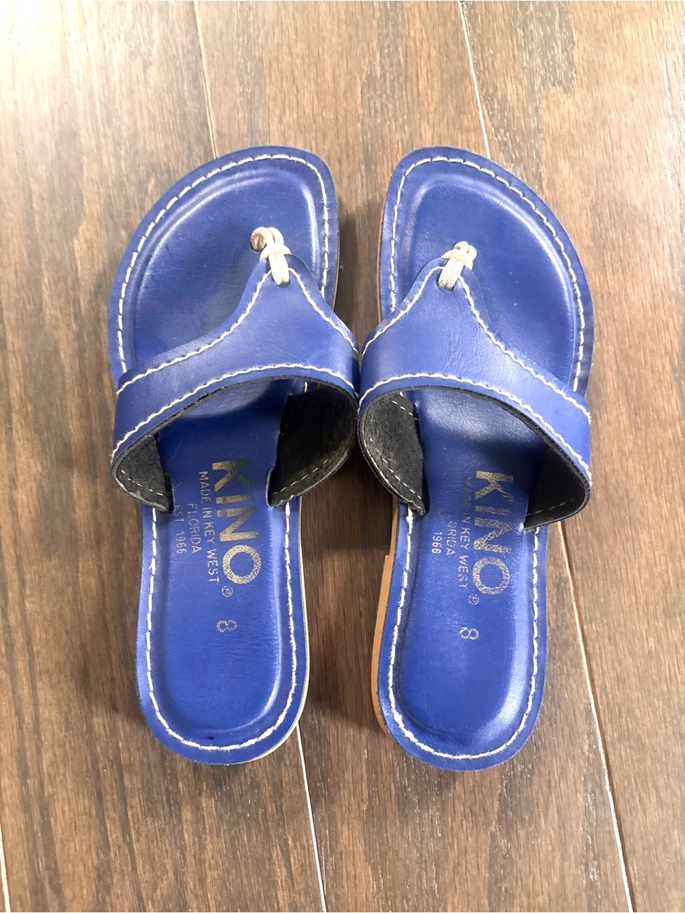 Kino Blue Leather Thong Flip Flop Sandals- Made in Key West USA- Size 8